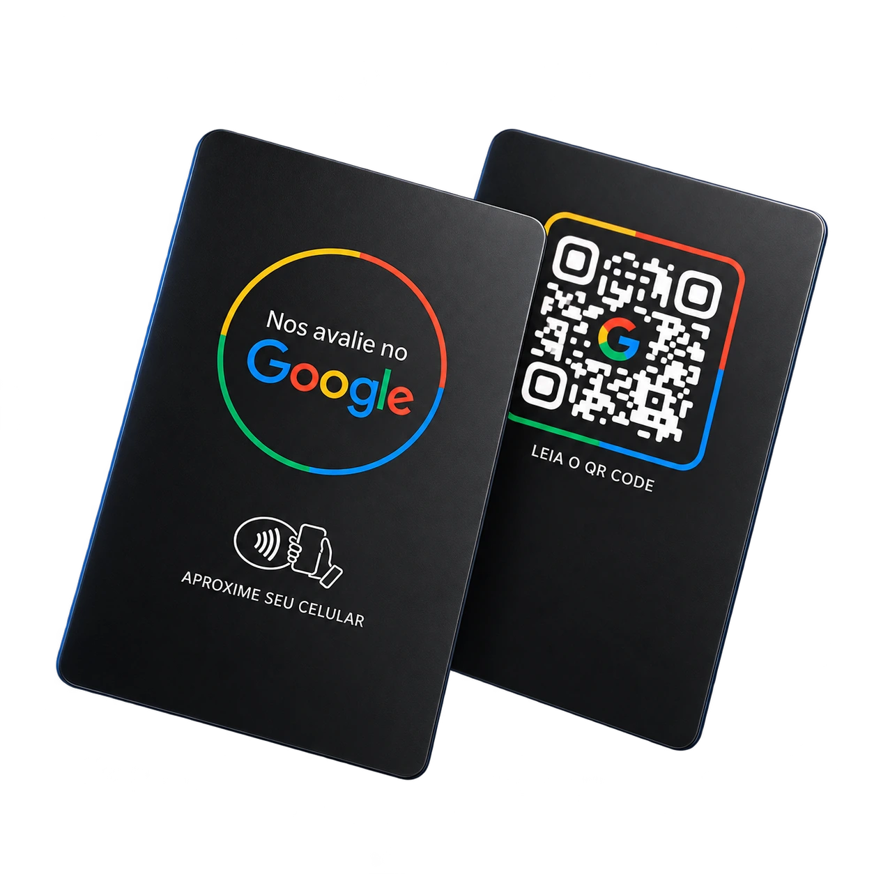 Representação de dois cartões pretos para avaliação Google, com NFC na frente e QR Code no verso